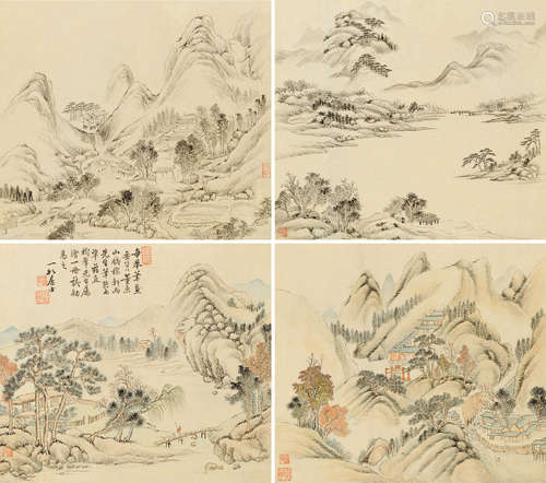 弘旿（1743～1811） 山水册 册页 （十六开选四） 设色纸本