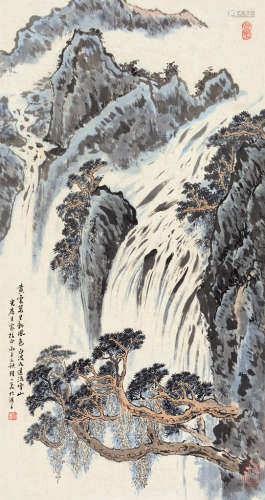 陆一飞（1931～2005） 丙子（1996）年作 松岩飞瀑 立轴 设色纸本