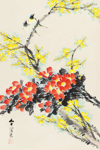 房介复（b.1928） 茶花小鸟 立轴 设色纸本