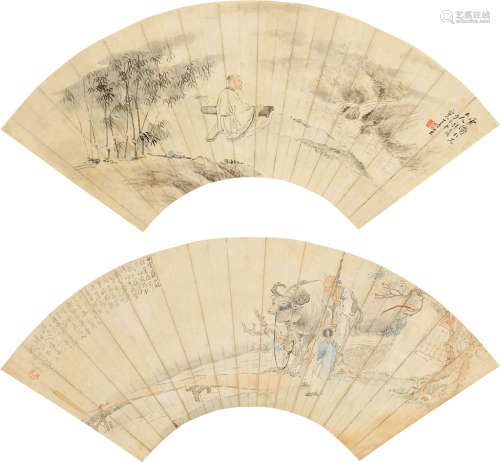 钱慧安（1833～1911）等 1898年作 牧牛图 扇轴双挖 设色纸本