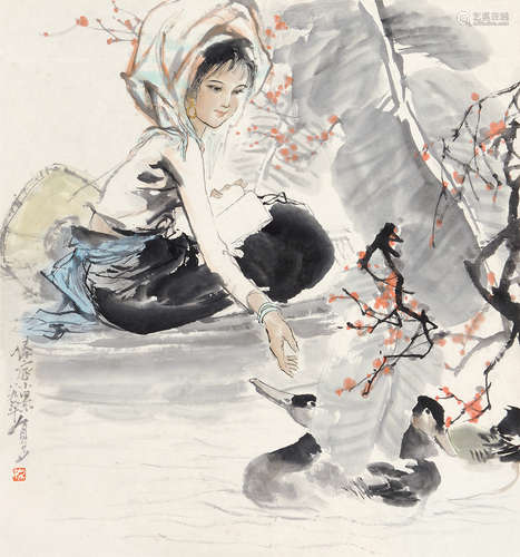 姚有多（b.1937） 1989年作 傣家小景 立轴 设色纸本