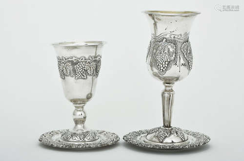TWO STERLING SILVER KIDDUSH GOBLETS AND COASTERS