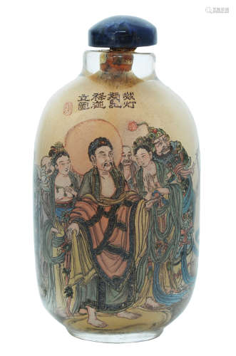 A CHINESE INSIDE PAINTED GLASS SNUFF BOTTLE AND STOPPER