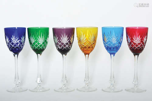 A SET OF SIX CUT TO CLEAR COLOR CRYSTAL WINE GOBLETS