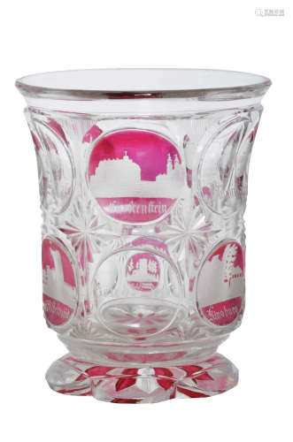 A BOHEMIAN CRYSTAL GLASS AND RUBY RED OVERLAY GLASS GOBLET
