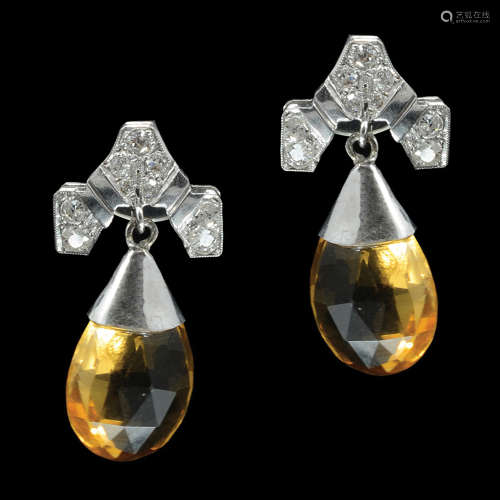 A PAIR OF ART-DECO, SILVER AND 14K WHITE GOLD EARRINGS