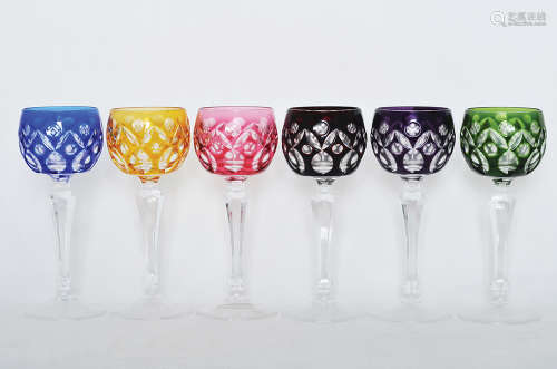 A SET OF SIX CUT TO CLEAR WINE STEM GOBLETS