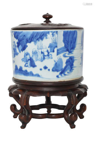 A CHINESE BLUE AND WHITE LARGE SCALE BRUSH POT
