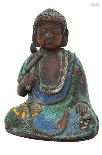 A JAPANESE CHAMPLEVE ENAMEL COPPER FIGURE OF BUDDHA
