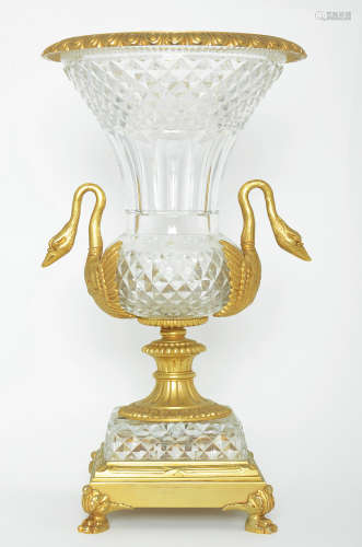 A BACCARAT STYLE GILT BRONZE MOUNTED GLASS URN