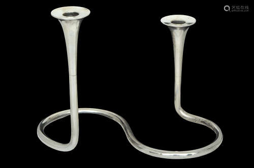 A STERLING SILVER STYLIZED TWO-LIGHT CANDLESTICK