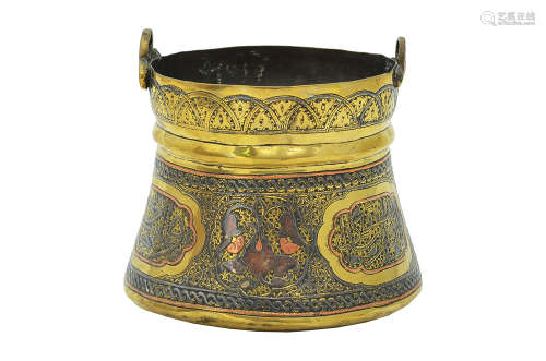 A SILVER AND COPPER INLAID BRASS POT