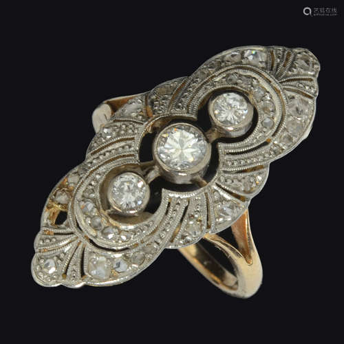 AN ART-DECO, 14K WHITE AND YELLOW GOLD RING