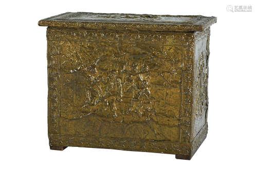 A REPOUSSE BRASS COVERED WOODEN FIREPLACE COAL BOX