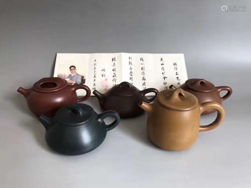 SET OF FIVE GUJINGZHOU MARK ZISHA TEAPOTS