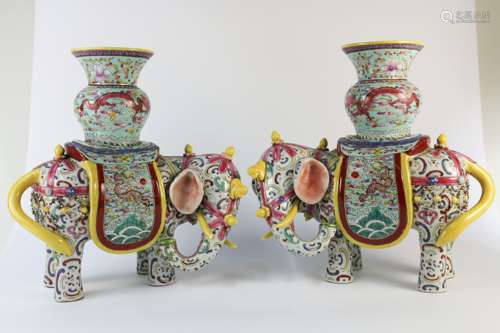 PAIR OF FAMILLE-ROSE ELEPHANT FIGURES