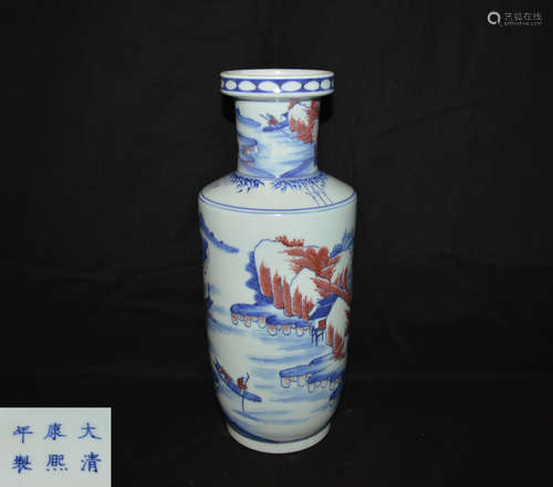 A UNDERGLAZE RED ROULEAU VASE WITH KANGXI MARK