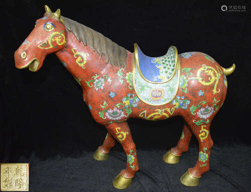 A CLOISONNE ENAMEL HORSE WITH QIANLONG MARK