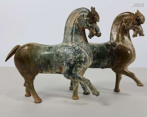 PAIR OF GREEN GLAZE HORSES FIGURES