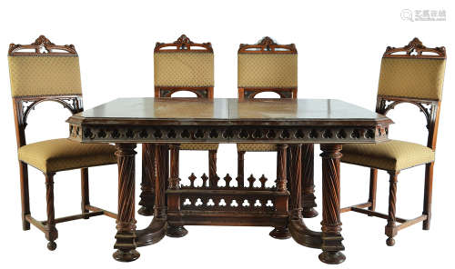 A FRENCH NEO GOTHIC EXTENDING DINING TABLE AND CHAIRS