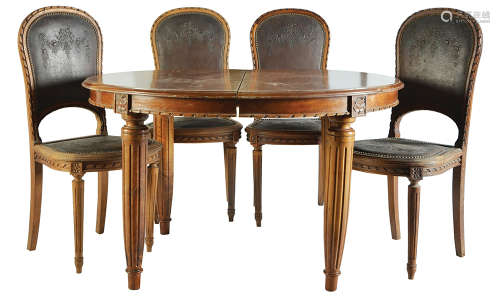 AN ASSEMBLED FRENCH LOUIS XVI STYLE DINING TABLE AND CHAIRS