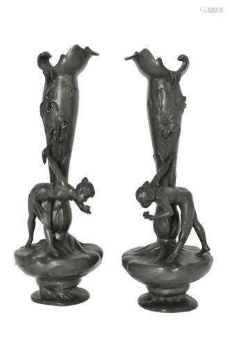 A PAIR OF FRENCH ART NOUVEAU PEWTER VASES