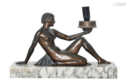 A BRONZE PATINATED SPELTER ART DECO FIGURAL LAMP
