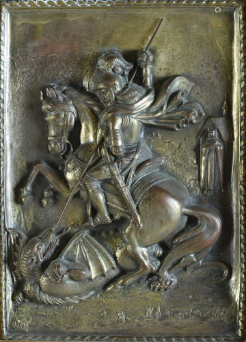 A SILVERED COPPER RELIEF PLAQUE OF SAINT GEORGE SLAYING THE DRAGON