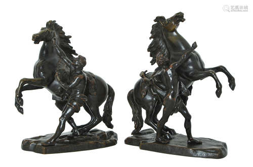 A PAIR OF BRONZE MARLY HORSES AND TAMERS