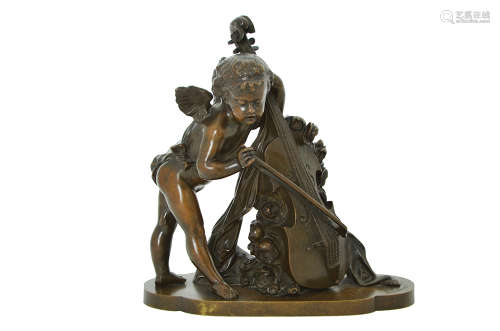 A BRONZE FIGURE OF CUPID PLAYING A CELO