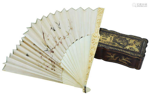 A CHINESE BLACK LACQUER BOX AND HAND FAN