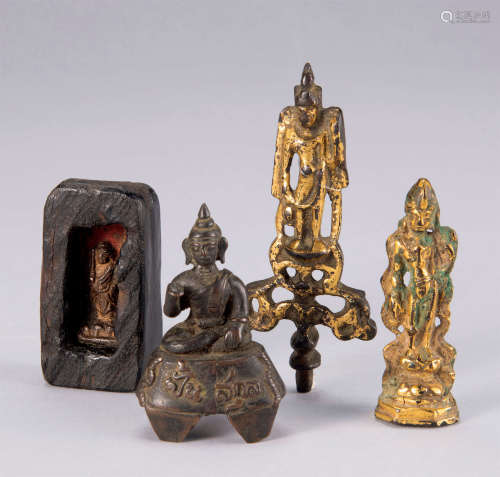 铜鎏金释迦摩尼像 木雕不动明王像 清代西藏小佛 （四件）