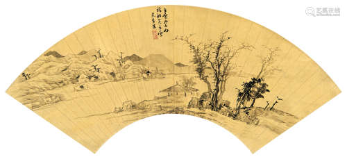 米万钟（明） 1602年作 山水 立轴 水墨金笺纸