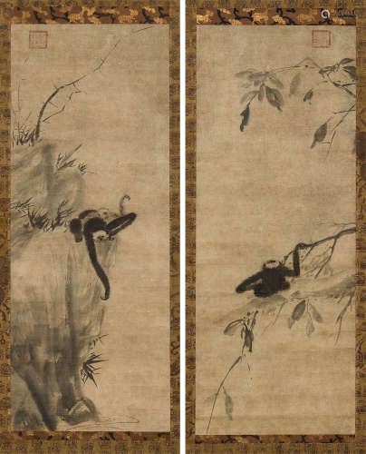 牧溪（南宋） 猿猴 （二幅） 立轴 水墨纸本