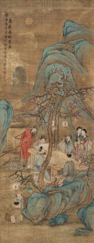 唐寅（1470～1524）（款） 1493年作 春夜宴桃李图 立轴 设色绢本