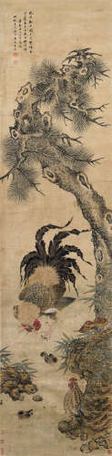 王武 1672年作 吉寿图 立轴 设色绫本