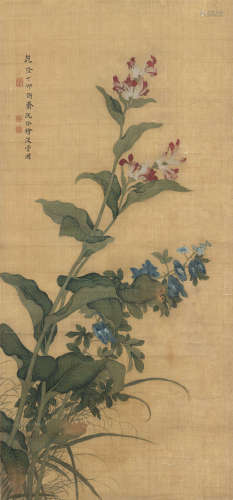 沈铨（清） 1747年作 没骨花卉 立轴 设色绢本