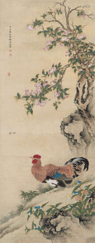 沈铨（清） 1737年作 海棠大吉图 立轴 设色绢本