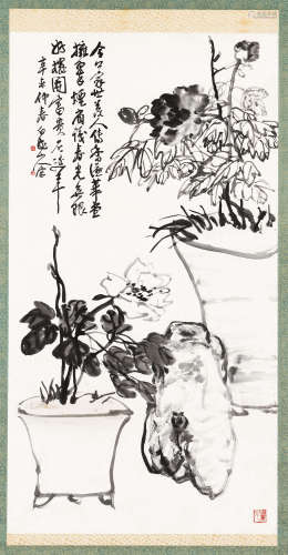 王震（1867～1938） 1931年作 富贵石延年图 立轴 水墨纸本