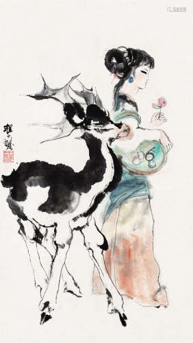 程十发（1921～2007） 少女与鹿 立轴 设色纸本