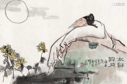 刘二刚（b.1947） 1980年作 太白醉月 镜框 设色纸本