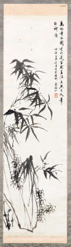 李研山（1898～1961） 1952年作 竹石图 立轴 水墨绫本