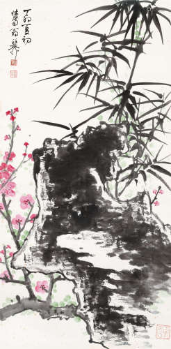 谢稚柳（1910～1997） 1987年作 竹梅石 立轴 设色纸本