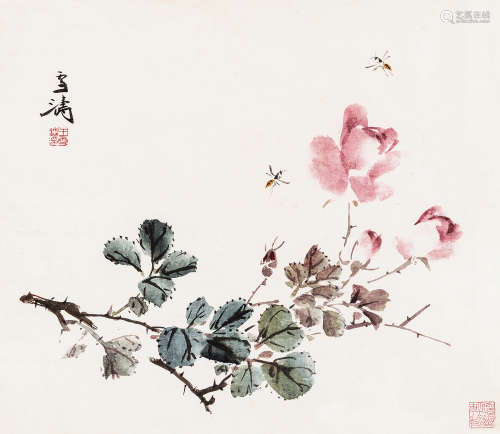 王雪涛（1903～1982） 月季蜜蜂 镜框 设色纸本