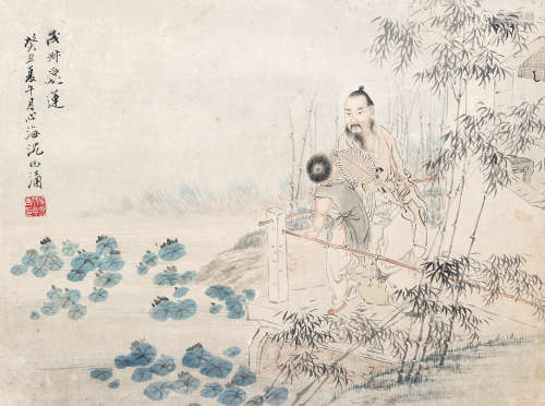 沈兆涵（1855～1941） 1913年作 茂林爱莲 镜框 设色纸本