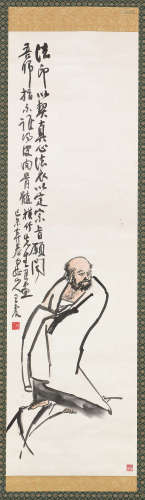 王震（1867～1938） 1919年作 一苇渡江 立轴 设色绫本