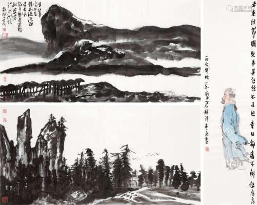 李庚（b.1950） 山水 人物 （三帧） 镜心 水墨纸本、设色纸本