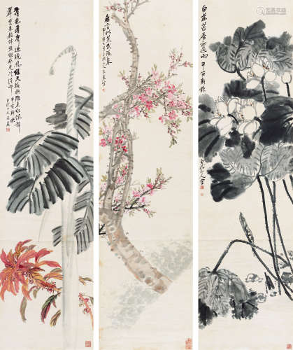 王震（1867～1938） 1914年作 花卉 （三帧） 立轴 设色纸本