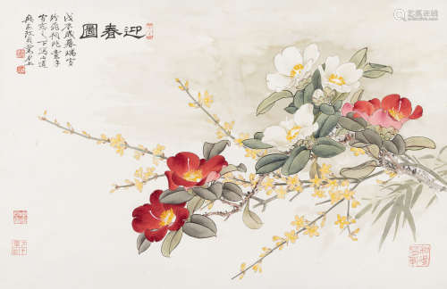 俞致贞  刘力上 1988年作 迎春图 立轴 设色绢本