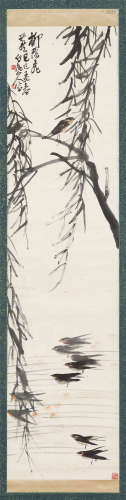王震（1867～1938） 1929年作 柳荫飞燕 立轴 设色纸本